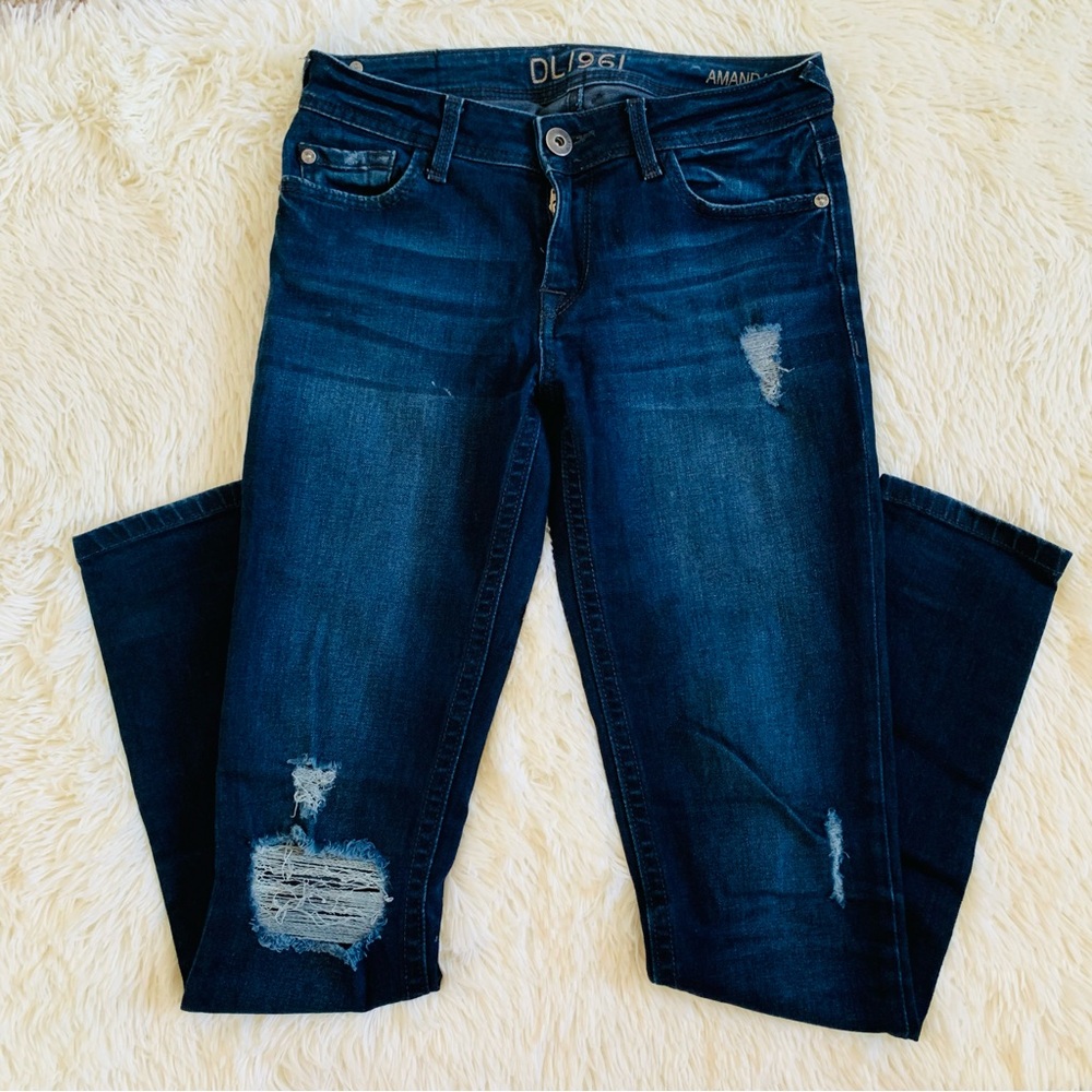 DL1961 Women's Dark Blue Distressed Skinny Jeans, 28” waist, 8” rise